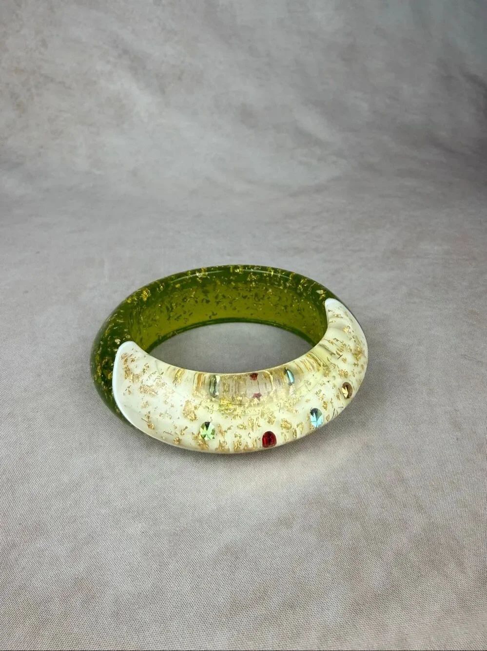 Vintage 1970s Lucite Gold Foil Bracelet Green Base Mod MCM Chunky Bangle